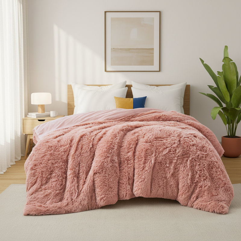 Ensemble d'édredon moelleux et moelleux en fausse fourrure, Courtepointe pour très grand lit + 2 taies d'orei, Rose