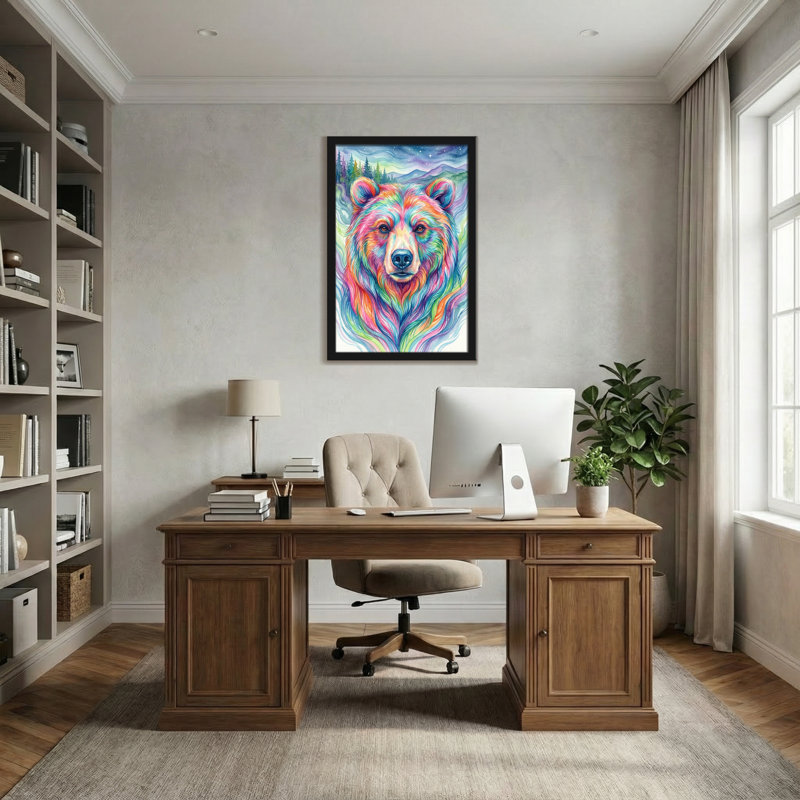 Animaux, ours coloré, forêt, ciel, montagnes, étoiles, œuvre d'art, H 18 po x l 12 po