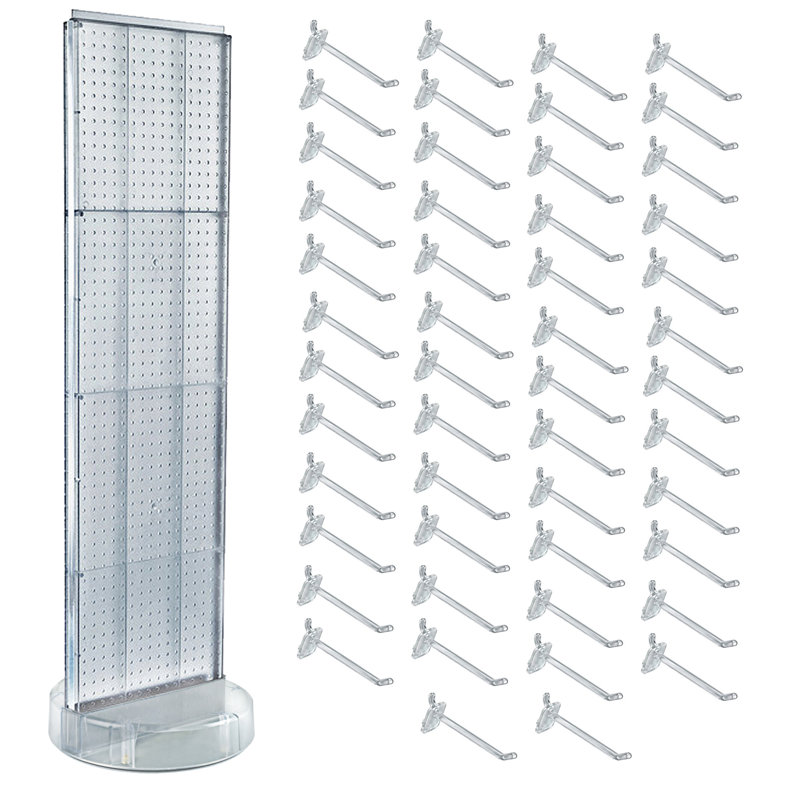 Présentoir de plancher en carton transparent sur deux côtés avec base (50) crochets transparents de 6 po