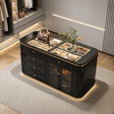 Crystal-cream Manufactured Wood Tempered Glass Jewelry Display Storage Cabinet with drawer-style storage compartments