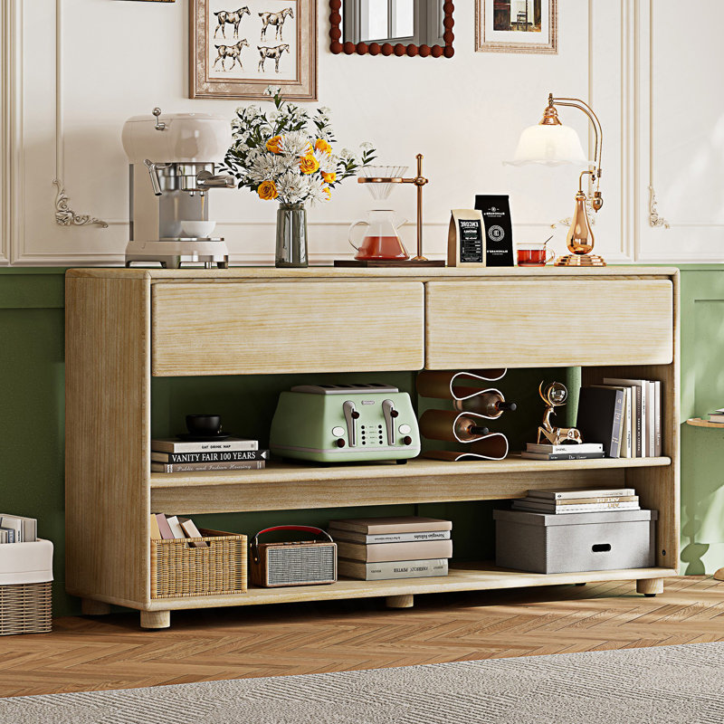 Console moderne, table d'entrée vintage avec tiroirs et tablettes, Bois naturel délavé