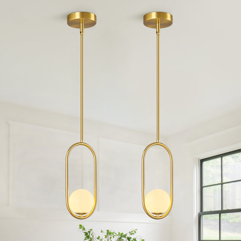 Luminaire suspendu moderne en forme de globe avec lustre Mid-Century et abat-jour en verre blanc pour îlot de cuisine, Doré