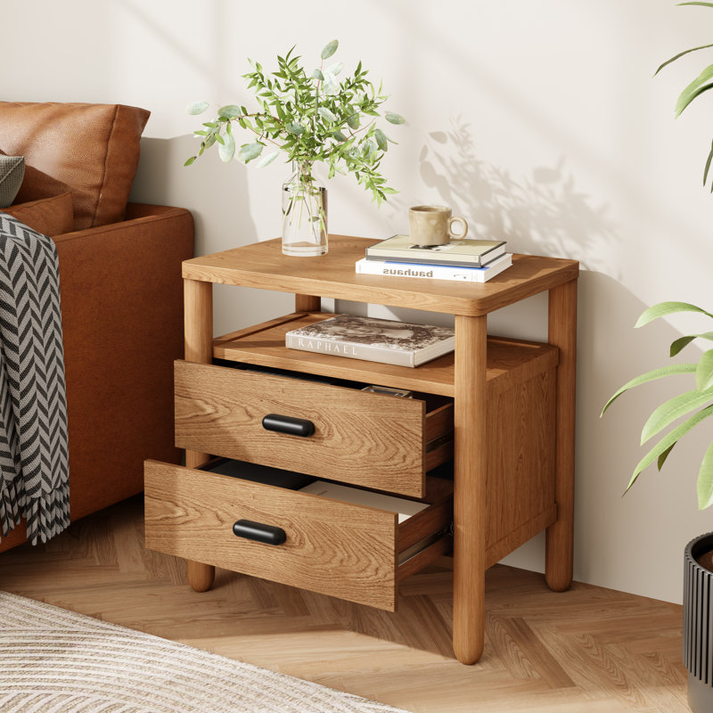 Table de chevet moderne à 2 tiroirs Lane avec tablette ouverte et pieds arrondis en bois, Naturel