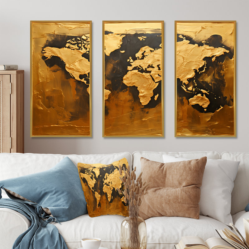 Carte du monde noire et dorée, ensemble d'art sur toile, Cadre flottant doré, H 32 po x l 48 po x P 1 po