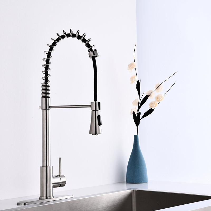Modern Brushed Nickel Kitchen Faucet With Swivel - Single Handle Spring, Pull Down , To Chipping And Corrosion High Arc In Exposure