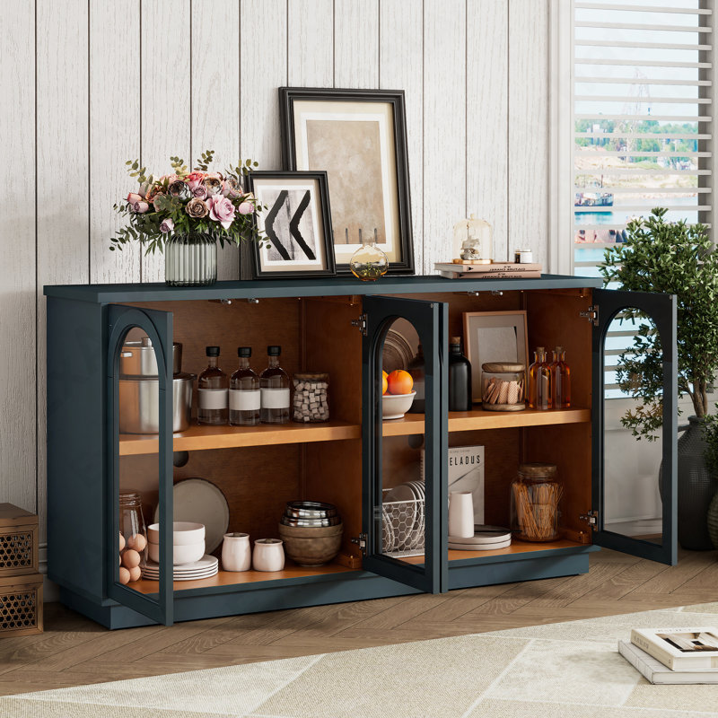Grande armoire de rangement arquée avec rangement, 4 portes avec panneaux de verre et tablettes réglables, polyvalente pour la cuisine, le salon et la salle à manger