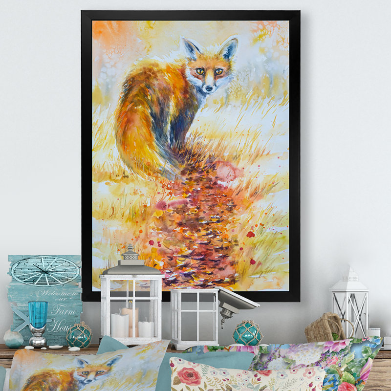 Illustration d'un renard orange dans la forêt II - œuvre d'art traditionnelle sur toile, Cadre photo noir