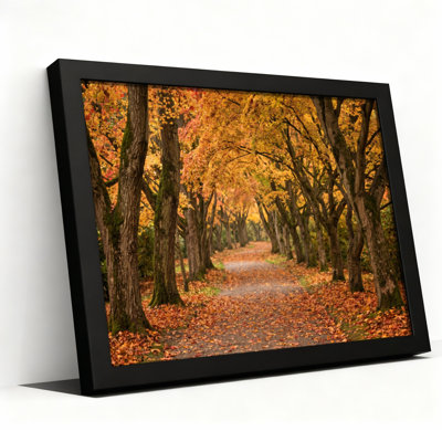 Toile noire encadrée en bois noir pour salon, chambre à coucher, bureau ou vestibule - décoration murale décorative avec sentier d'automne