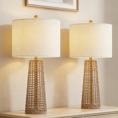 Ensemble de 2 lampes de table 26,5 "en rotin Boho pour le salon, lampe de table de chevet à intensité variable avec abat-jour en lin, lampe de chevet en osier pour la chambre à coucher