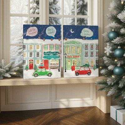 Snowy Toy Shop Evening, set of  2 Canvas Art Prints