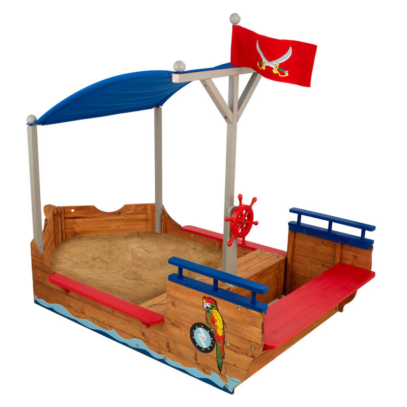 Wooden Pirate Sandbox with Canopy, Covered Kid's Sandbox, Blue & Red