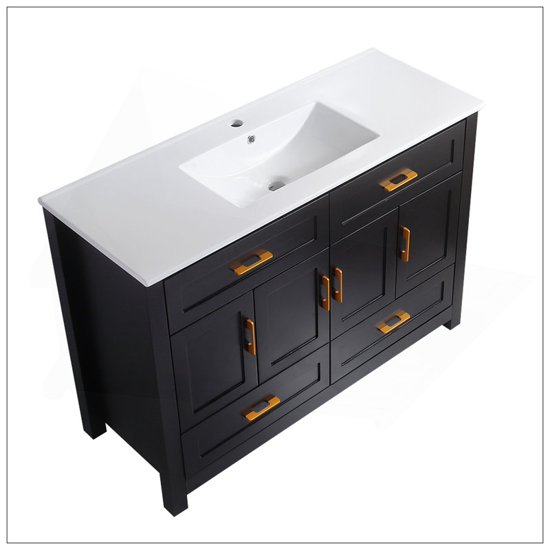Meuble-lavabo polyvalent avec lavabo en céramique, armoire de rangement abondante - 4 portes à fermeture douce et 4 tiroirs