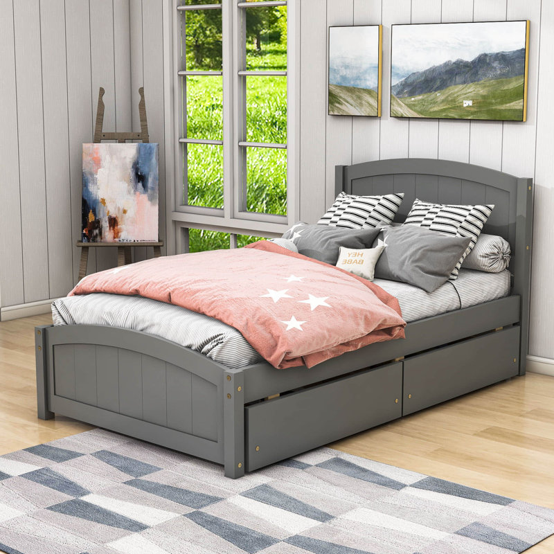 Lit plateforme simple en bois 2 tiroirs avec tête de lit, gris