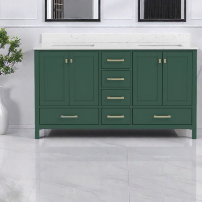 Elegant Double Basin Vanity Cabinet, Green Wood Modern Design For Bathrooms