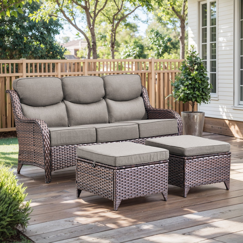 Ensemble de conversation modulaire en osier pour 3 personnes avec coussins de 6 po Meriline, Gris, Brun