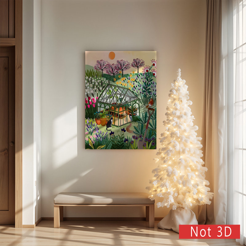 1 pièce, art mural encadré, serre vibrante avec oiseau chat et fleurs, 16" H x 24" W