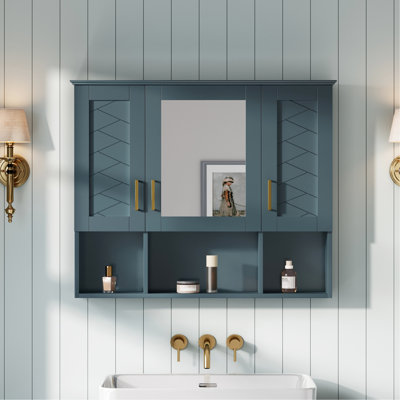Armoire à pharmacie de 35 po 21 avec tablettes réglables, mécanisme de fermeture en douceur et miroir haute définition pour salle de bain, fini mural peint moderne bleu 35 po rectangulaire