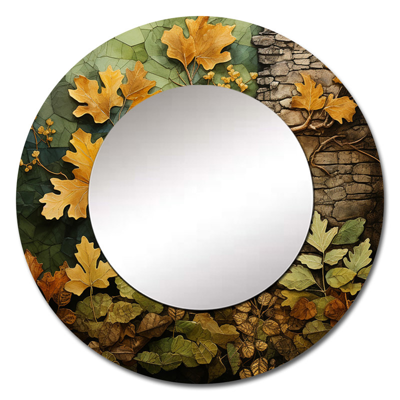 Green Oak Tree Whispers Of History IV - Oak Large Mirror, Traditional Round Decorative Wall Mirror, Printed Metal Art