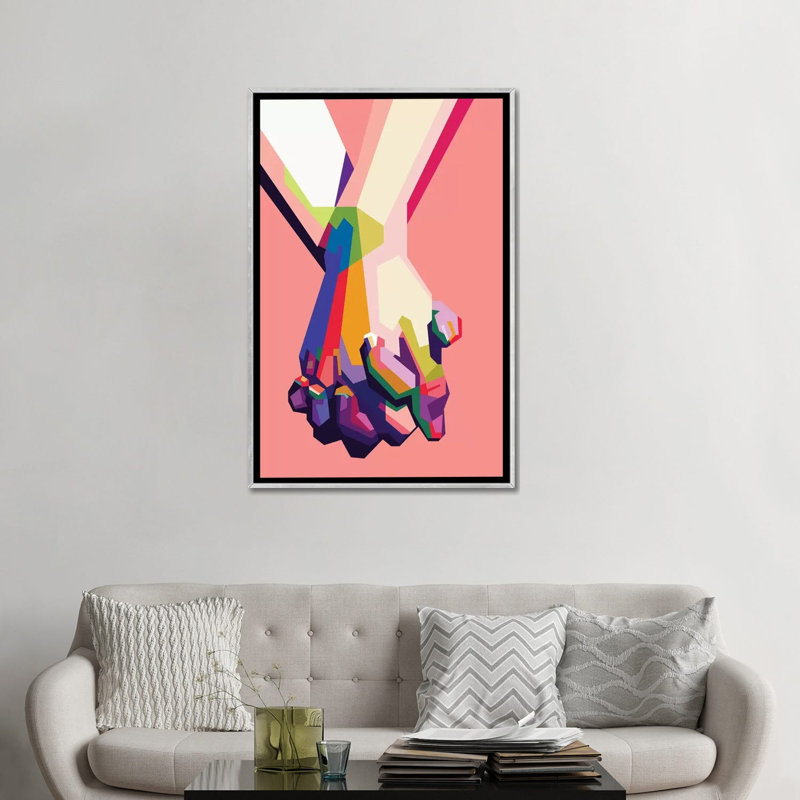 «Hold My Hand» par Dayat Banggai - impression d'art graphique, H 48 po x l 32 po x P 1,5 po, Toile avec cadre argenté
