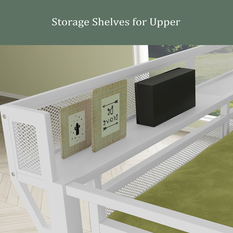 Loft Bed with Stairs, Metal Loft Bed with Storage Shelves & Wardrobe, High Space-Saving Bed for Kids & Teens, White, Full