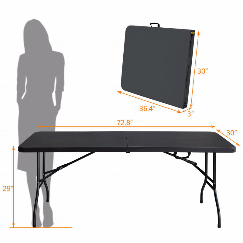 6Ft Folding Patio Table, Portable Plastic Table For Camping, Picnics, Parties, High Load Bearing, Black, Black
