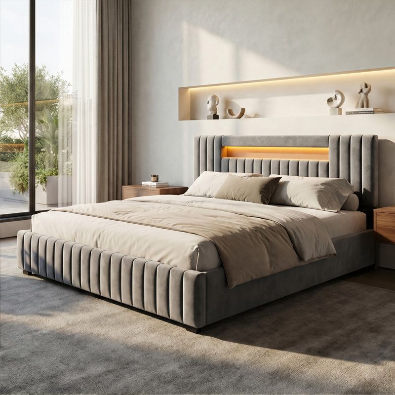 Velvet Ottoman Bed, Smart RGB LED Headboard With Vertical Tufting, European Double (140X200cm) & King (160X200cm) , Grey