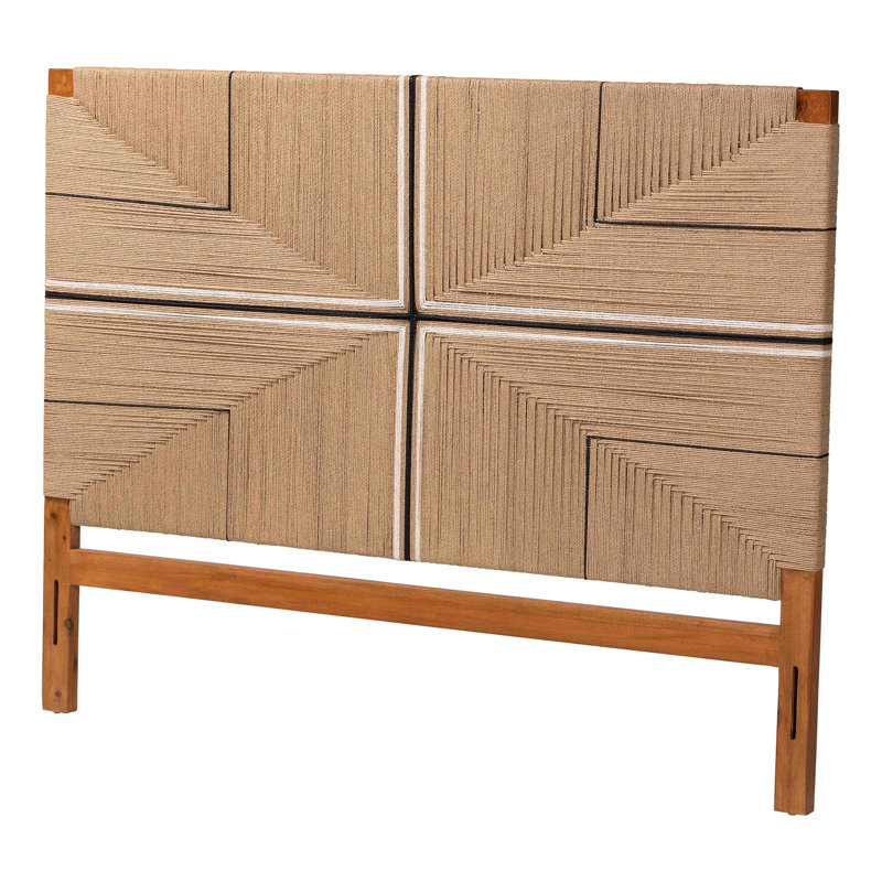Bali & Pari Prita Paper Loom Headboard With Mahogany Wood Frame, Handwoven Bed Backrest Panel With Geometric Design, Boho Rustic Bedroom Accent
