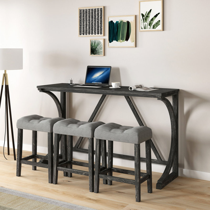 Huriye 4 Pieces Rectangular Bar Dining Table Set with Power Outlet,, Black, Light Gray/Black