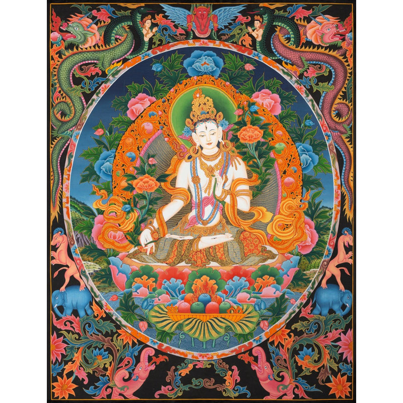 Blanc Tara Thangka (Thangka sans brocart) | Or 24 carats avec acrylique sur toile