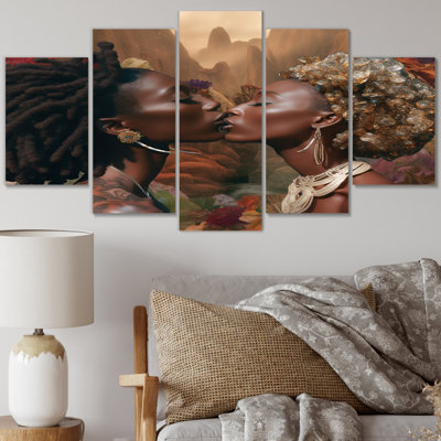 Kissing African Goddess Divine Love I - Couple, reproduction d'art murale - 5 panneaux