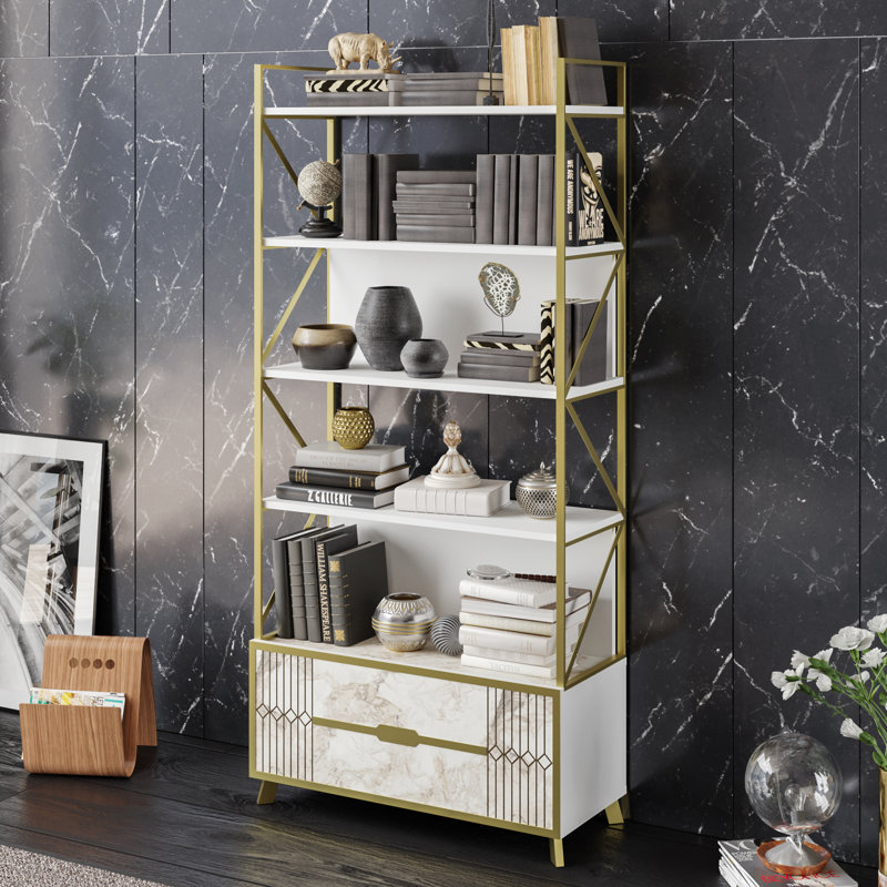 Modern White Bookshelf with Metal Legs, 35.0 x 74.4 x 13.9 inches | 100% Melamine Coated Particle Board, Thickness: 0.7 inches | Numerous Shelves, Wall-Mountable Design, Stylish Marble Finish for Home or Office