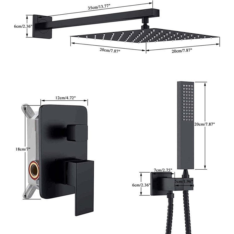 Système de douche complet avec valve brute, Noir mat