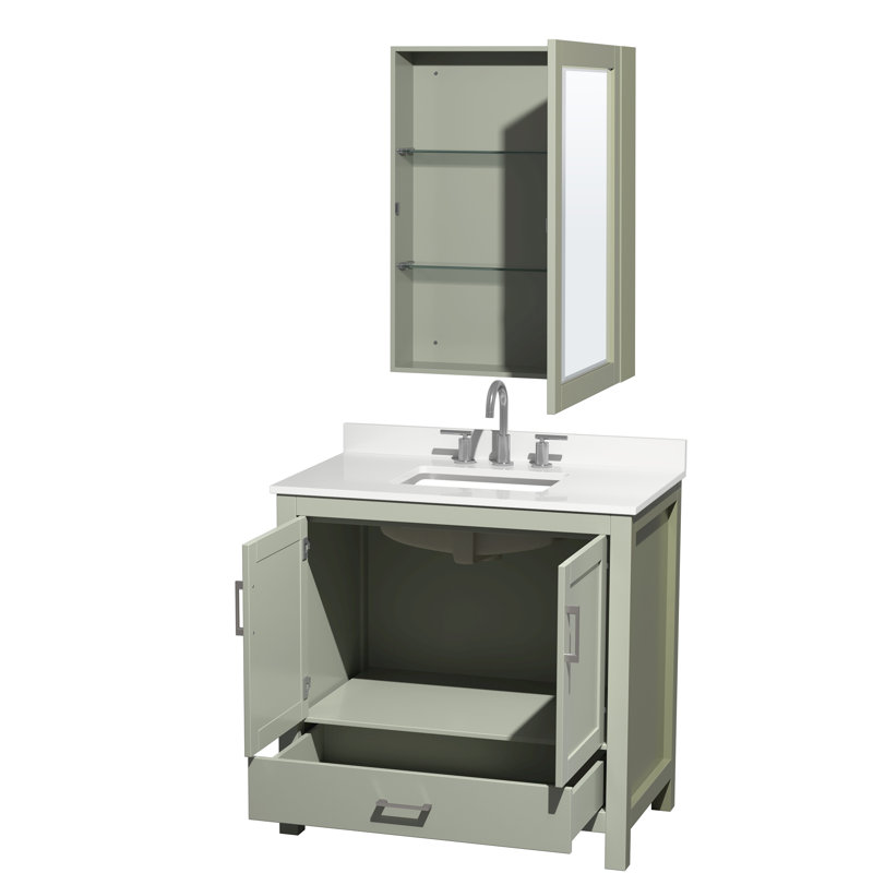 Meuble-lavabo simple 36 po avec comptoir en quartz et armoire à pharmacie Sheffield, Quartz blanc, Vert, Nickel brossé