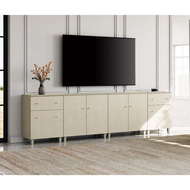 Meuble télé pour téléviseur de 100 pouces et plus, console multimédia 4 en 1 avec portes et tiroirs, Bois beige
