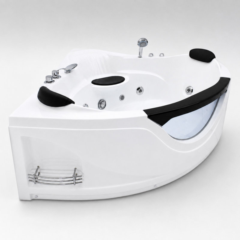 59" 2 Person Corner Jetted Whirlpool Bathtub with Hydrotherapy Jets and LED Light