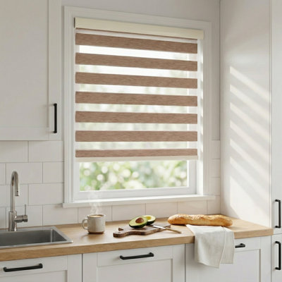 Shadesu Cordless Zebra Shades – Dual Layer Day & Night Free-Stop Light Filtering Window Blind, 35.5" W x 72" H, Brown