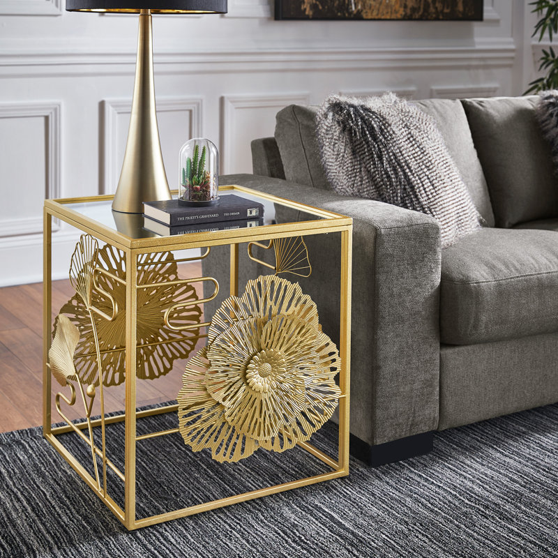 Table de bout en pivoine et ginkgo à finition dorée avec plateau miroir