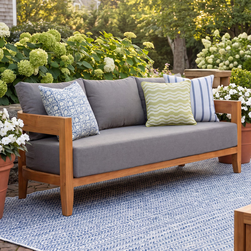 Keaton Teak Outdoor Patio Sofa With Cushions, Gray