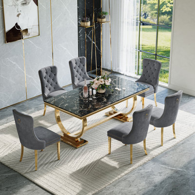 Ensemble de salle à manger moderne - table de 70 po avec base en acier inoxydable et chaises en velours