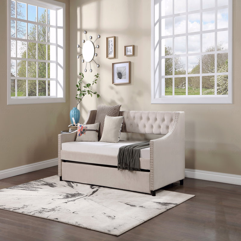Trundle Daybed Upholstered, Tufted Sofa Bed, With Button And Copper Nail On Arms Full Size, Beige, Full/Double