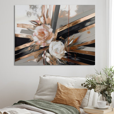 Rose Gold Linear Floral Elegance III - Floral Framed Canvas Print Wall Art