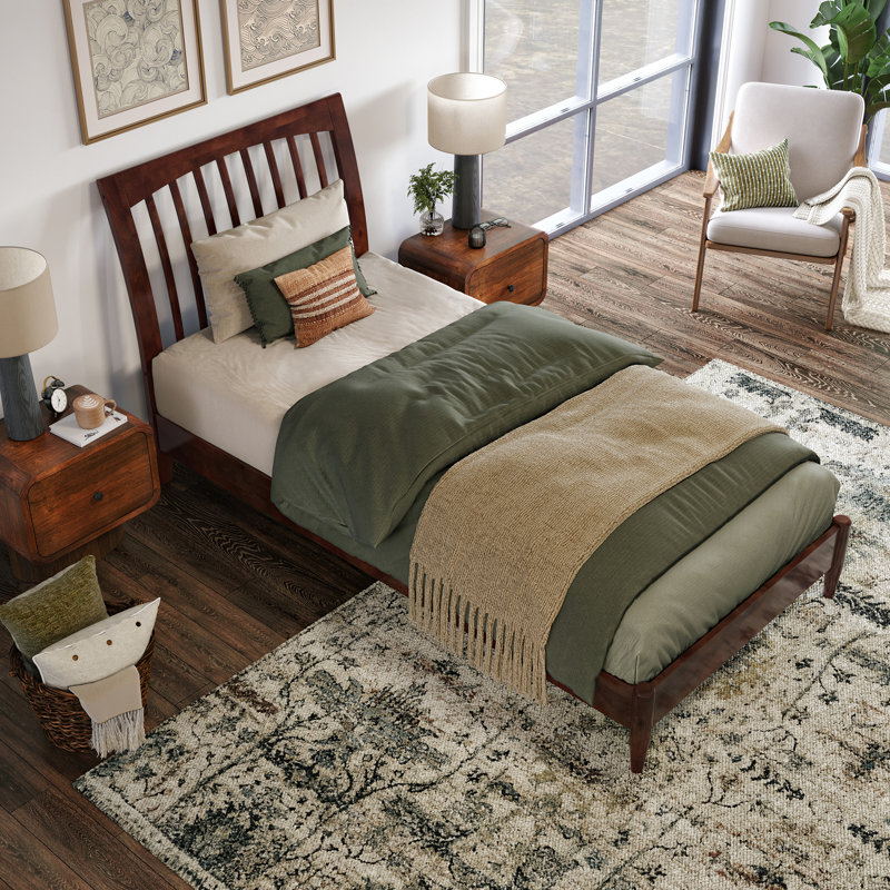Ambie Low Profile Solid Wood Slatted Spindle Sleigh Bed, Twin XL, Walnut