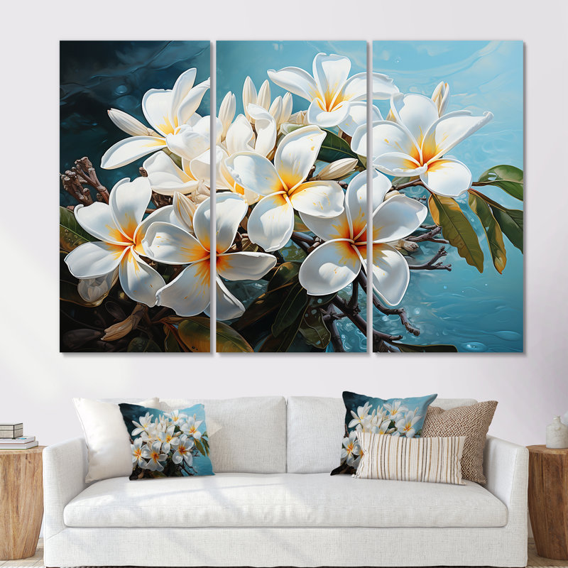Méticuleusement rendu blanc Plumeria Blossoms - ensemble de reproduction d'art mural Plumeria, H 28 po x l 36 po x P 1 po