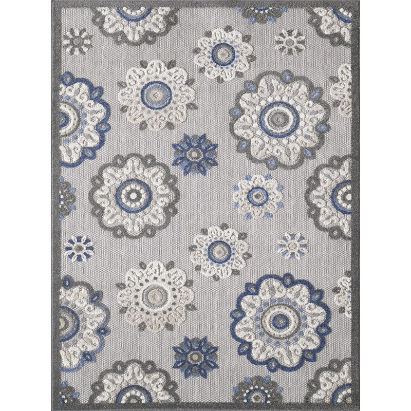 Floral Machine Woven Indoor / Outdoor Area Rug, Rectangle 3'3" x 4'11", Gray