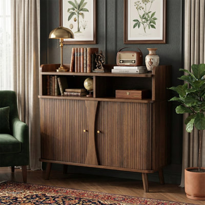Buffet Mid-Century moderne de 39 po avec portes coulissantes à volets roulants, armoire à café en noyer avec tablettes réglables
