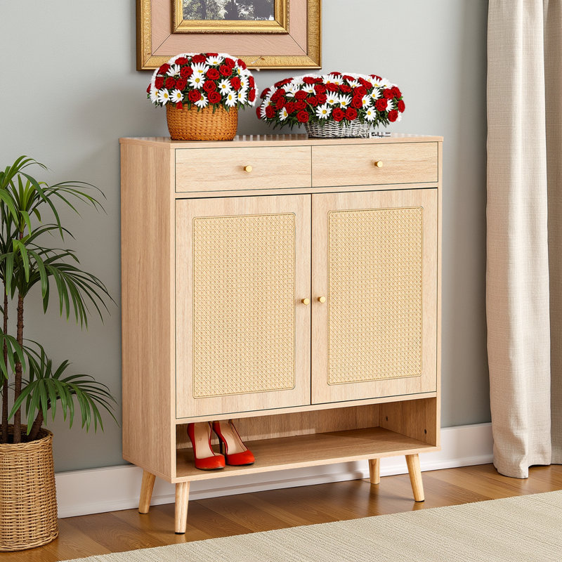 Multi-Functional Shoe Storage Cabinet with Rattan Doors and Drawers, Natural Wood
