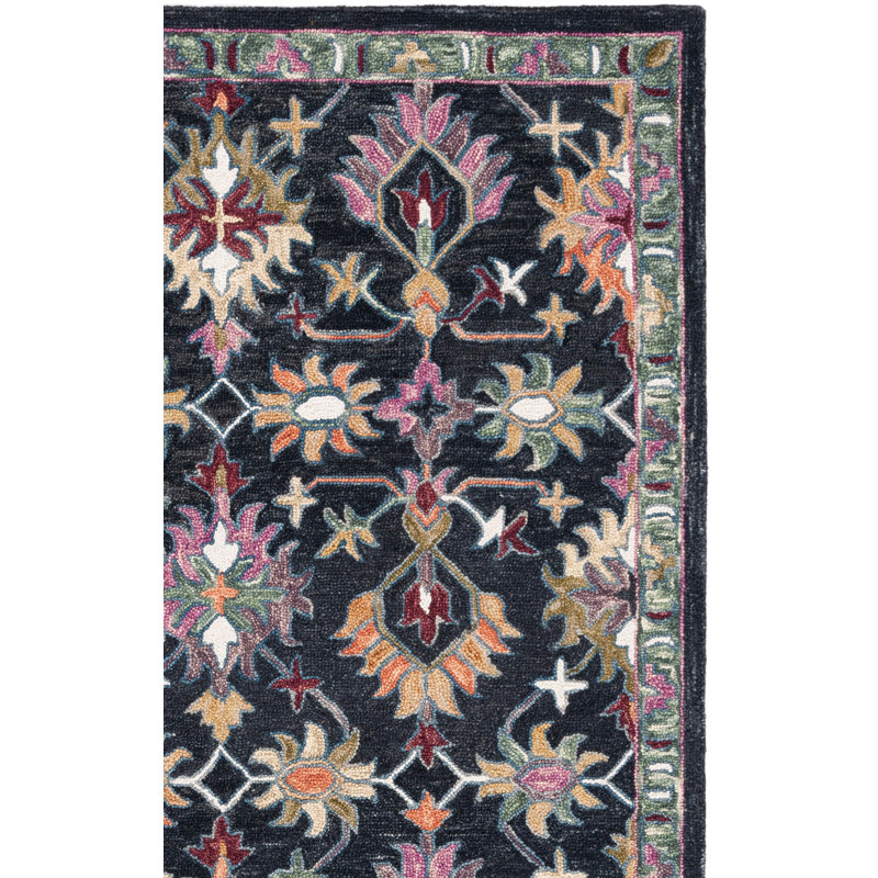 Tapis oriental en laine / coton touffeté à la main en noir / rose, Rectangulaire 8 pi x 10 pi