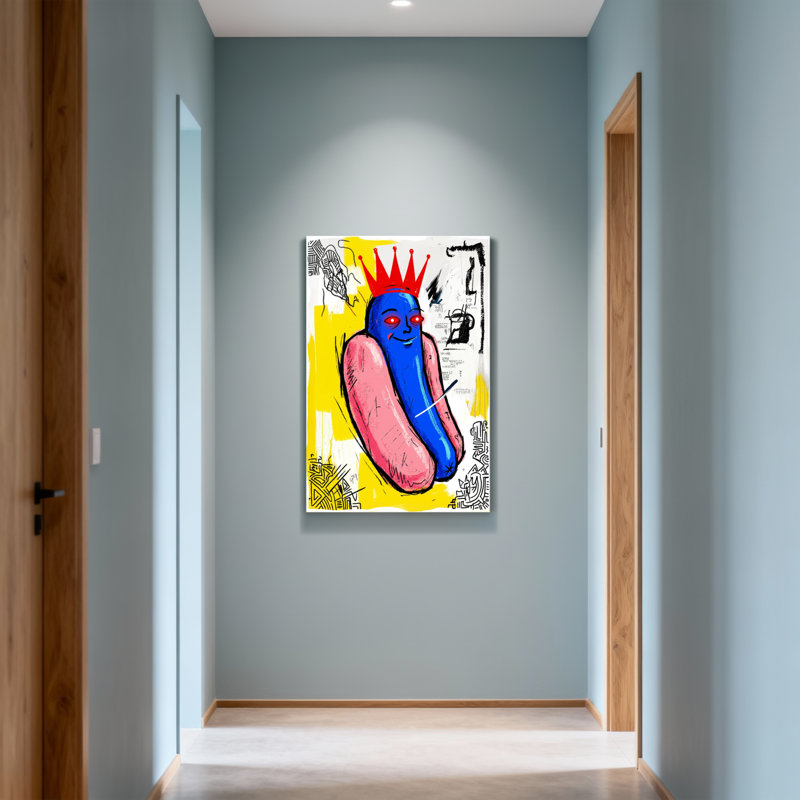 Animaux saucisse bleue avec couronne rouge et yeux, H 18 po x l 12 po