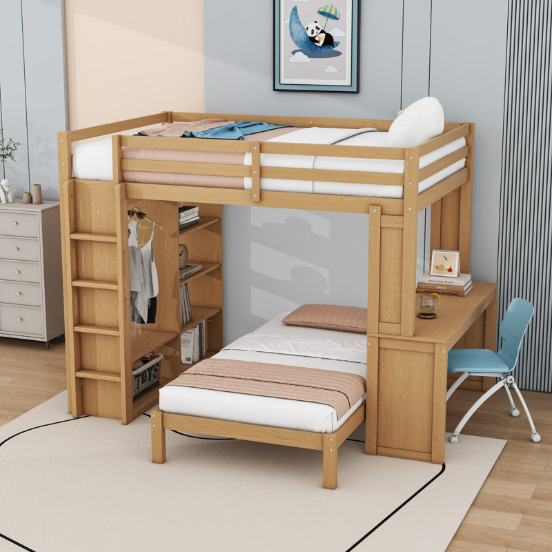 Lit superposé en bois avec tablettes intégrées, bureau et échelle, Naturel, Grand