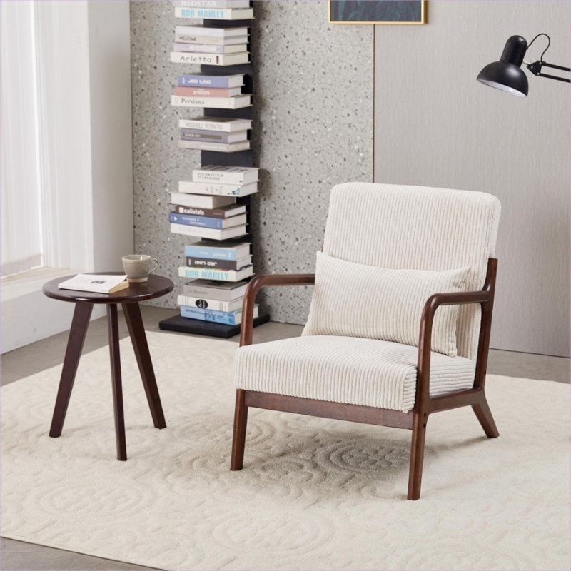 Ensemble de chaise basse et de table basse en polyester rembourré de style Mid-Century moderne, structure en bois d'hévéa massif, beige doux